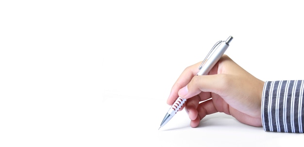 Pen in hand on a white surface background