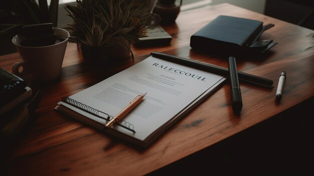 A pen is on a piece of paper on a table