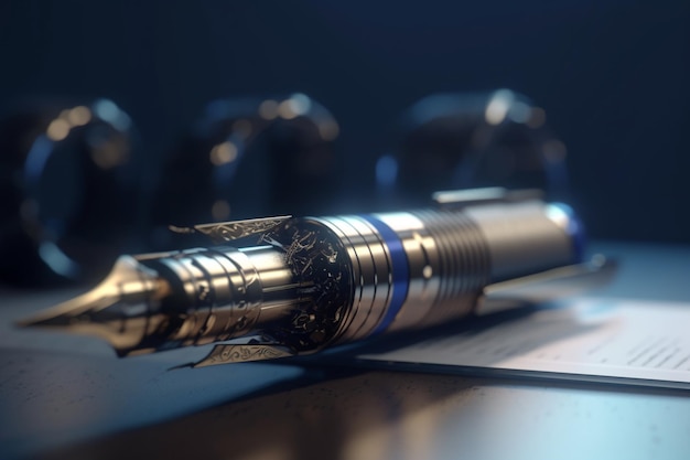 Photo a pen laying on a table with a blue ring around it.