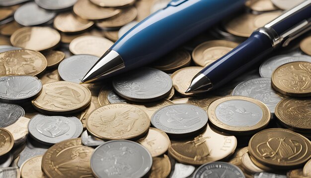 Photo a pen and pen on a pile of coins with a pen in the middle