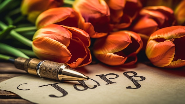 a pen on a piece of paper with the word tulips on it