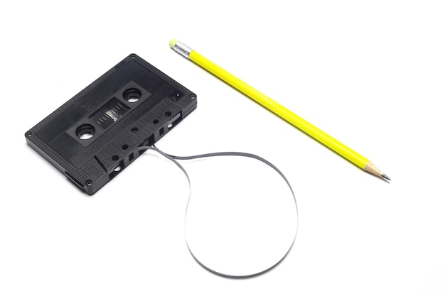 A pen for rewind cassette tape compact retro on white background 90's concepts