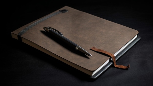 A pen sits on a notebook on a black table.