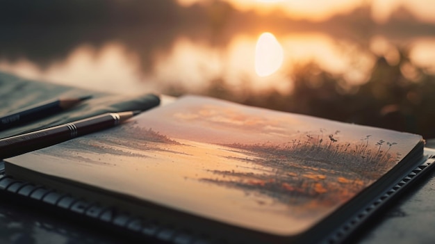 A pen sits on a notebook with a lake in the background.