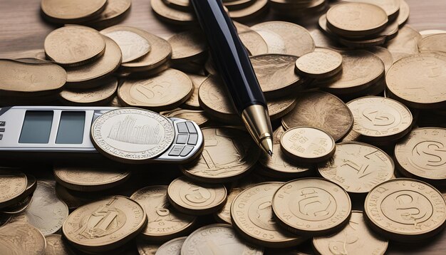 a pen sits on a pile of coins with a pen in the middle