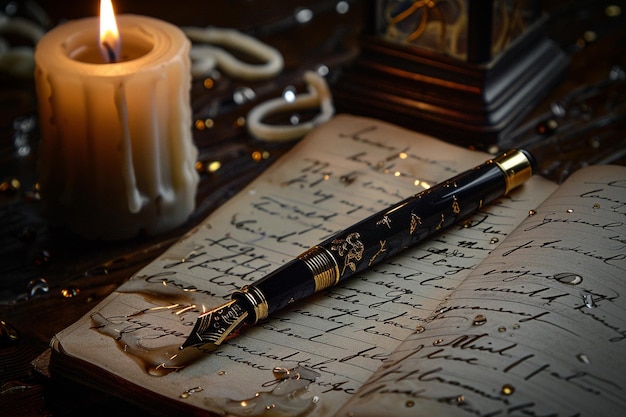 Foto a pen sits on a table with a candle in the background