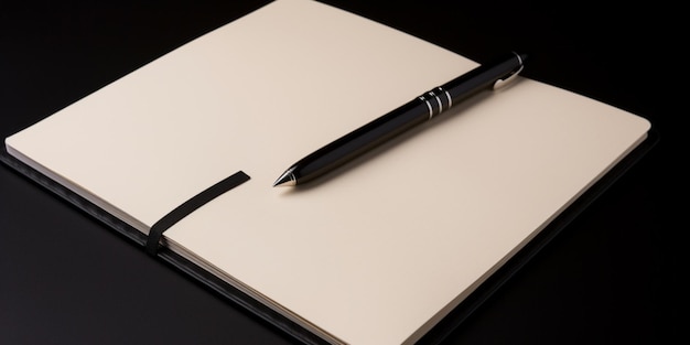 A pen sits on top of a notepad with a black background.