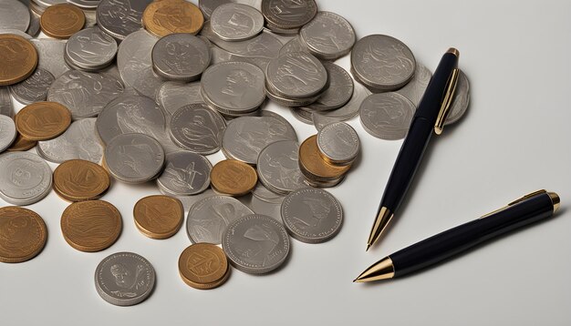 Photo a pen and some coins are on a table with a pen and a pen and a pen