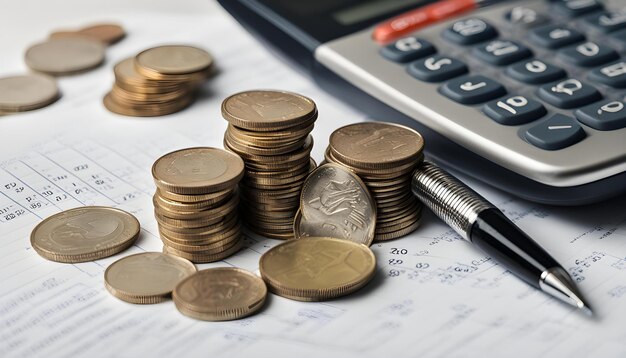 Photo a pen and some coins on a desk with a pen and pen and pen