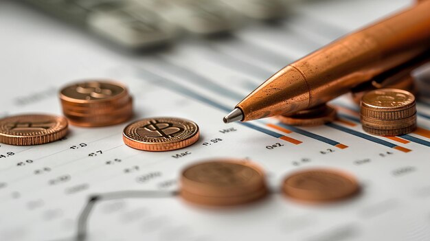 Photo a pen and some coins on a table with a graph and a pen on it with a bitcoin on it