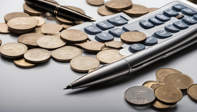 ペンといくつかのコインをテーブルの上に置いて1つはペンで1つのペンがその前にあります