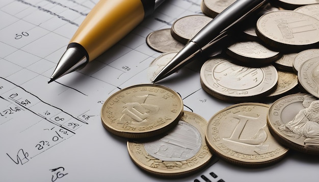 a pen and some coins on a table with a pen and pen in the middle