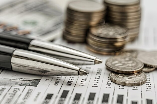 A pen and some coins on a table