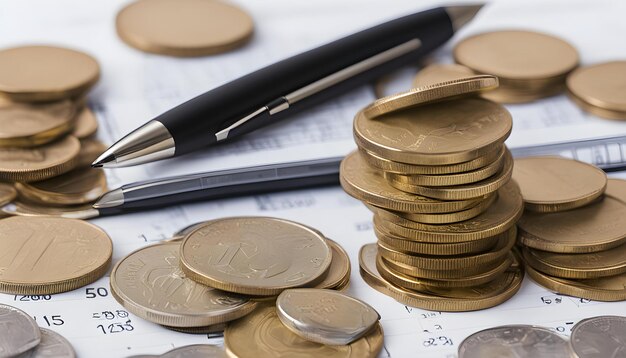 Photo a pen and some gold coins on a paper with a pen and pen on it