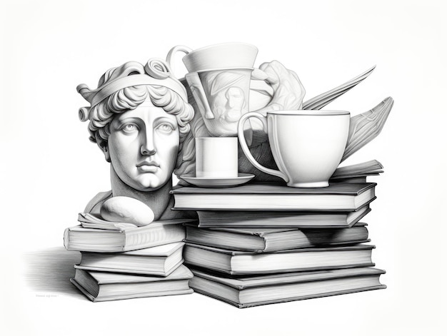 Photo a pencil drawing of a bust and stack of books digital image surreal composition black and white