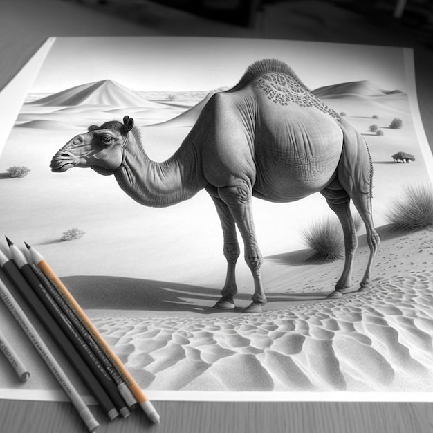 Pencil drawing camel desert background image Ai generated art