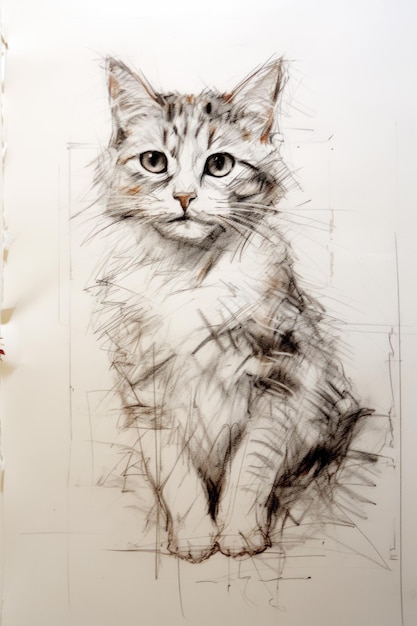 Pencil drawing cat on paper sheet vertical portrait of cute pet sketch of domestic animal Concept of design background vintage art