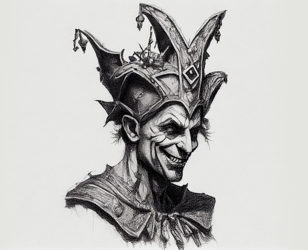 Pencil drawing of a joker on a white background