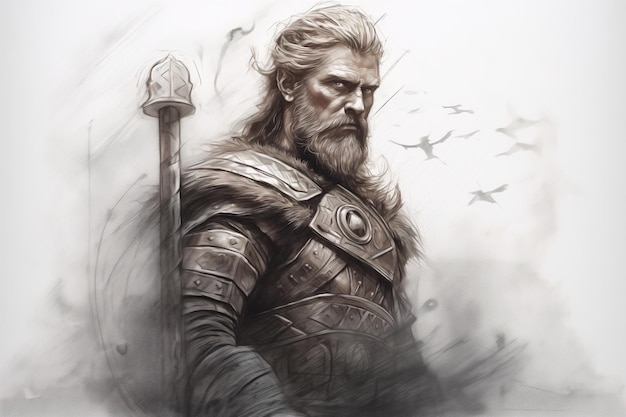 Photo pencil drawing portrait of scandinavian medieval prince