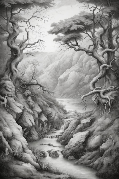 A pencil drawing of a river in the woods