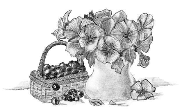 Pencil drawing still life bouquet of flowers