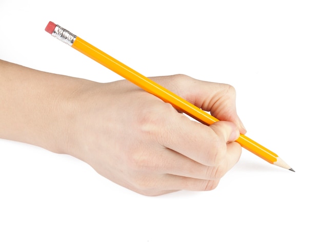 Pencil in hand isolated on white background