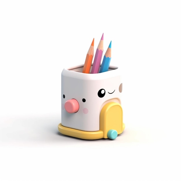 A pencil holder with a face that says hello kitty on it.