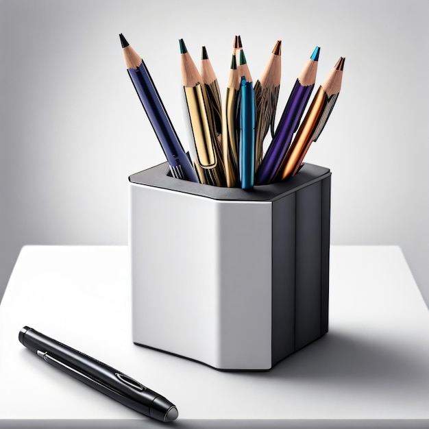 A pencil holder with a pencils in it and a pen on the sheet