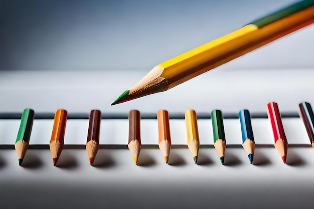 A pencil is being used to draw a line of colored pencils.