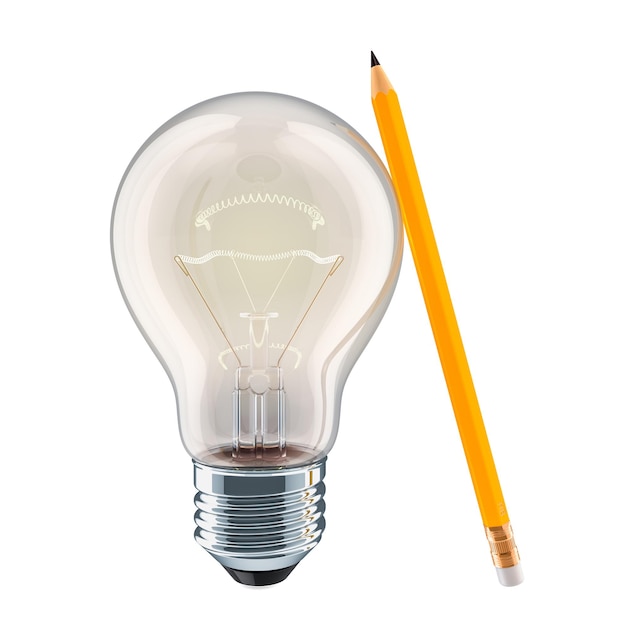 Pencil and light bulb idea concept 3D rendering