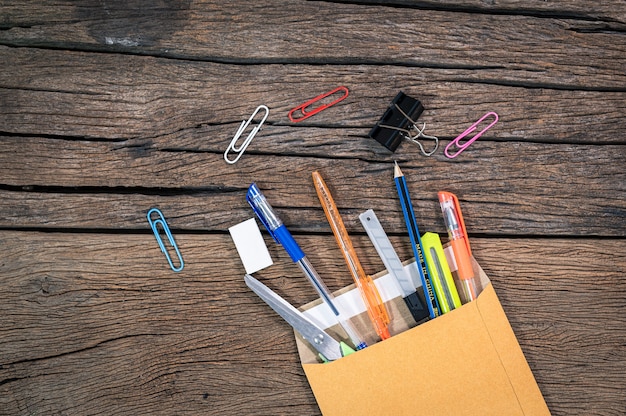 Pencil pen ruler are placed on the table top view