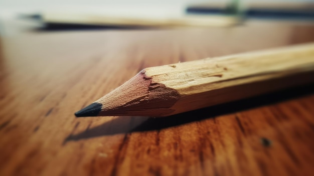 A pencil resting on a wooden table