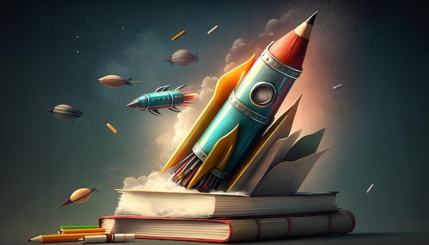 A pencil rocket flies over a book