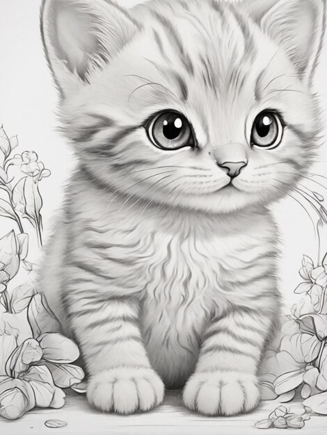 Pencil shading skecth cute kitten with flower arround