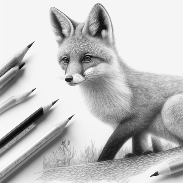 Pencil sketch artwork baby fox animal drawing AI Generated