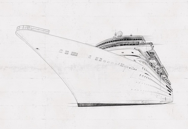 Schizzo a matita della grande nave da crociera su sfondo bianco