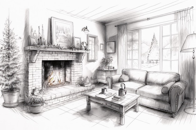 Карандашный набросок уютной гостиной с камином и теплым декором