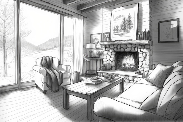 Pencil sketch of cozy living room with soft blankets and pillows fireplace and view of the outside