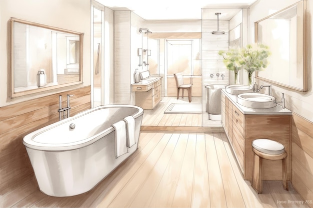 Pencil Sketch Cozy Scandinavian Bath Interior extreme closeup Generative AI