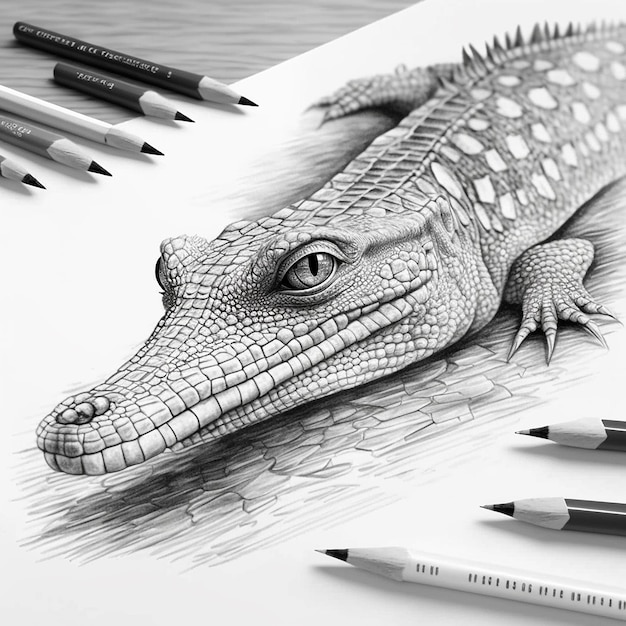 Foto schizzo a matita carino arte alligatore animale disegno ai generato