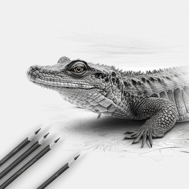 鉛筆画 かわいいアート ワニ 動物 絵 AI 生成
