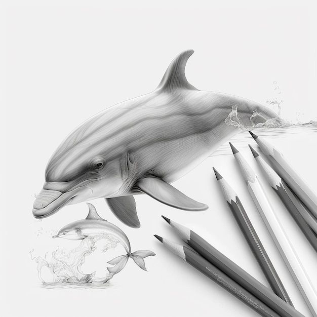 Карандашный набросок милый художественный рисунок рыбы дельфина AI Generated