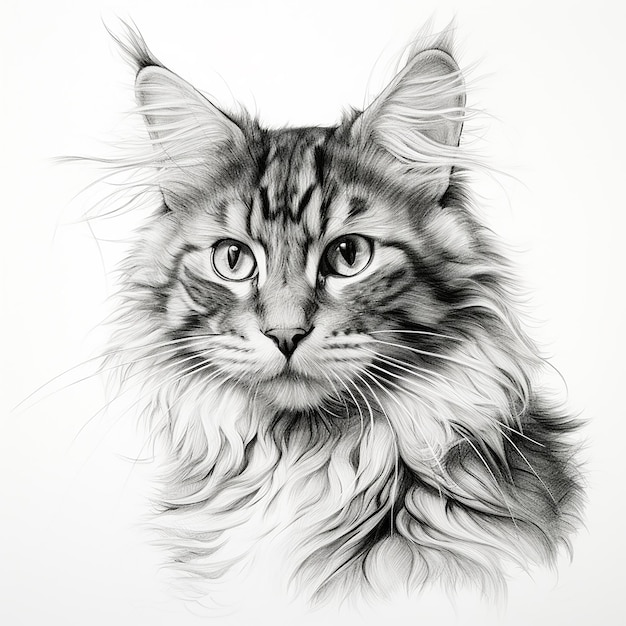 Pencil Sketch Drawing of a Cat Isolated Elegance on White