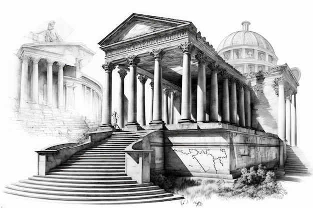 로마 건축과 도시 랜드마크의 연필 스케치 드로잉