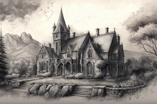 Pencil sketch of gothic house surrounded by sprawling landscape with mountains in the distance