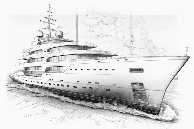 Pencil sketch of luxury yacht with deck and interior design details visible