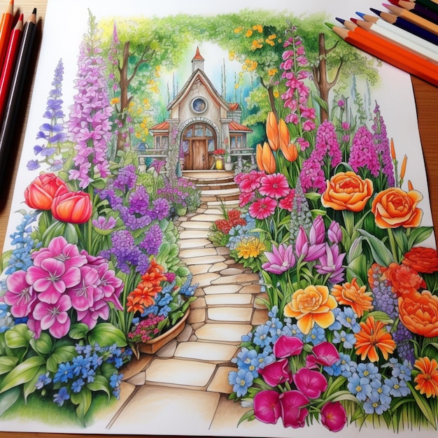 Photo pencil sketch nice colored flower garden images generative ai