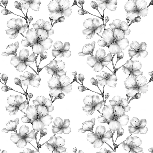 pencil sketch seamless floral pattern of cherry blossoms on white background