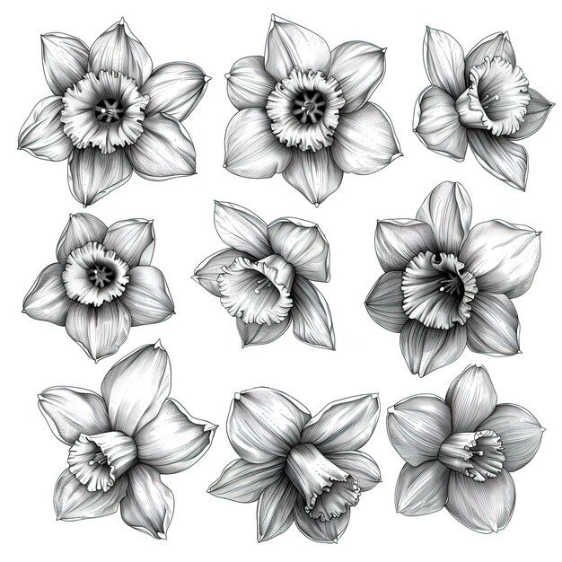 pencil sketch set of beautiful daffodil flowers on white background