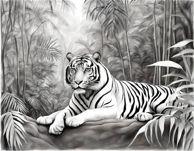 Pencil Sketch of Tiger in the Jungle